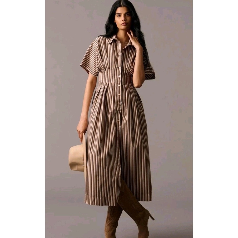 Anthropologie Brown and Cream Tobie Striped Midi Shirtdress NWT